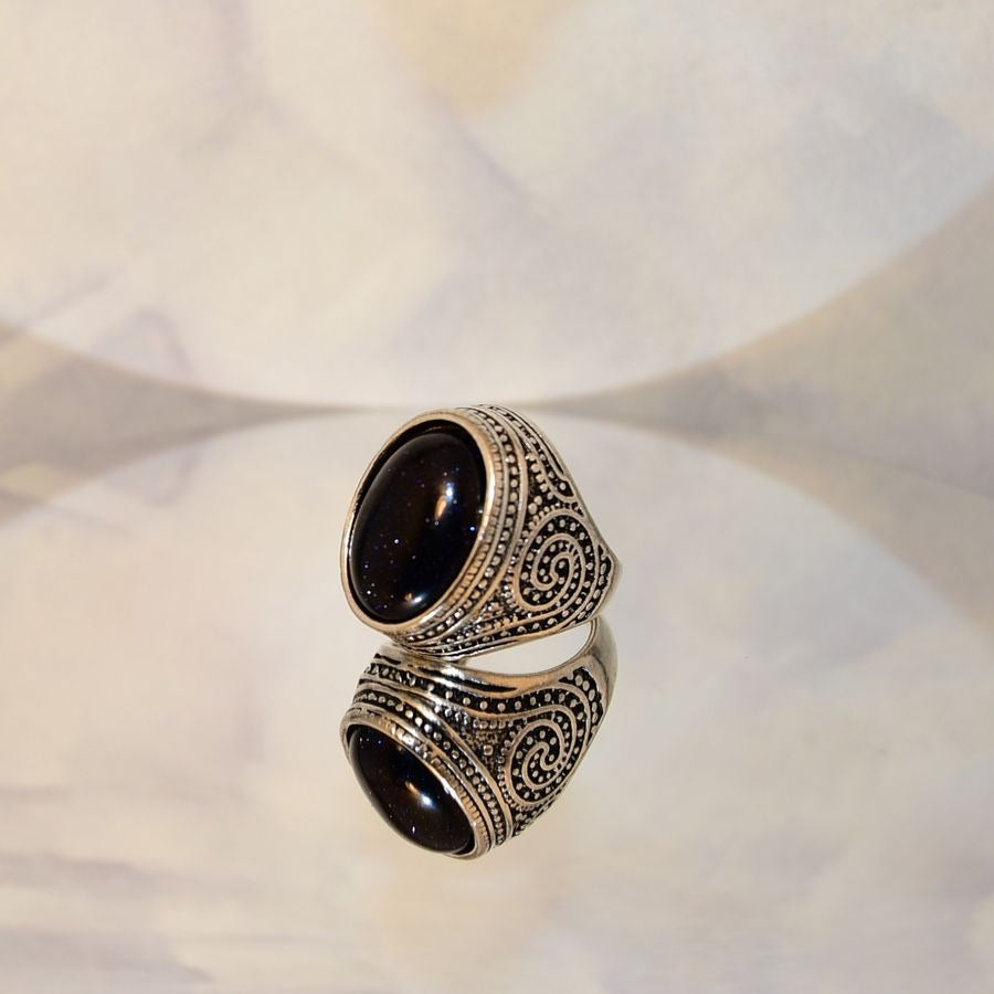 Kye Seafaring Etched Silver Ring Deep Blue Goldstone Simulate