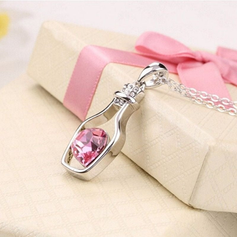 Callie Heart Message Bottle Charm Pendant Necklace Pink Gift Packaged