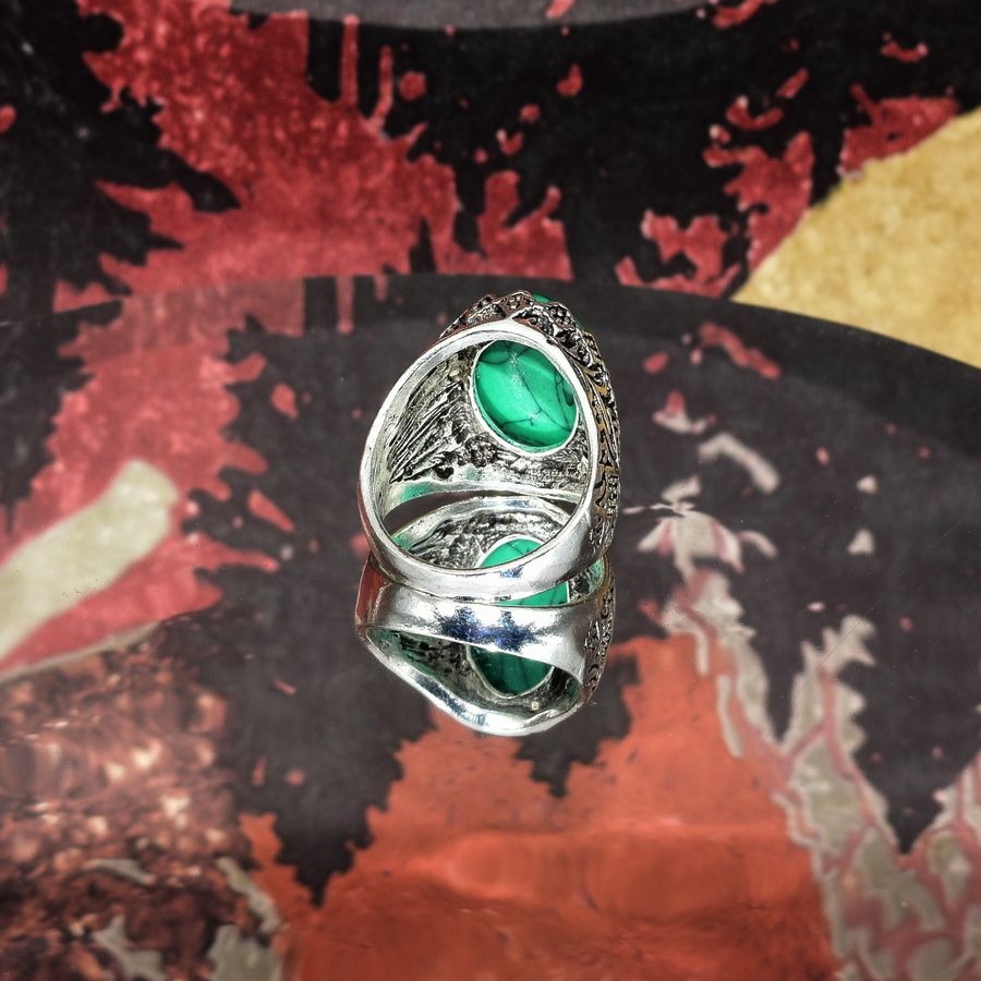 Kenneth Edge Mens Etched Silver Ring Green Turquoise Simulate