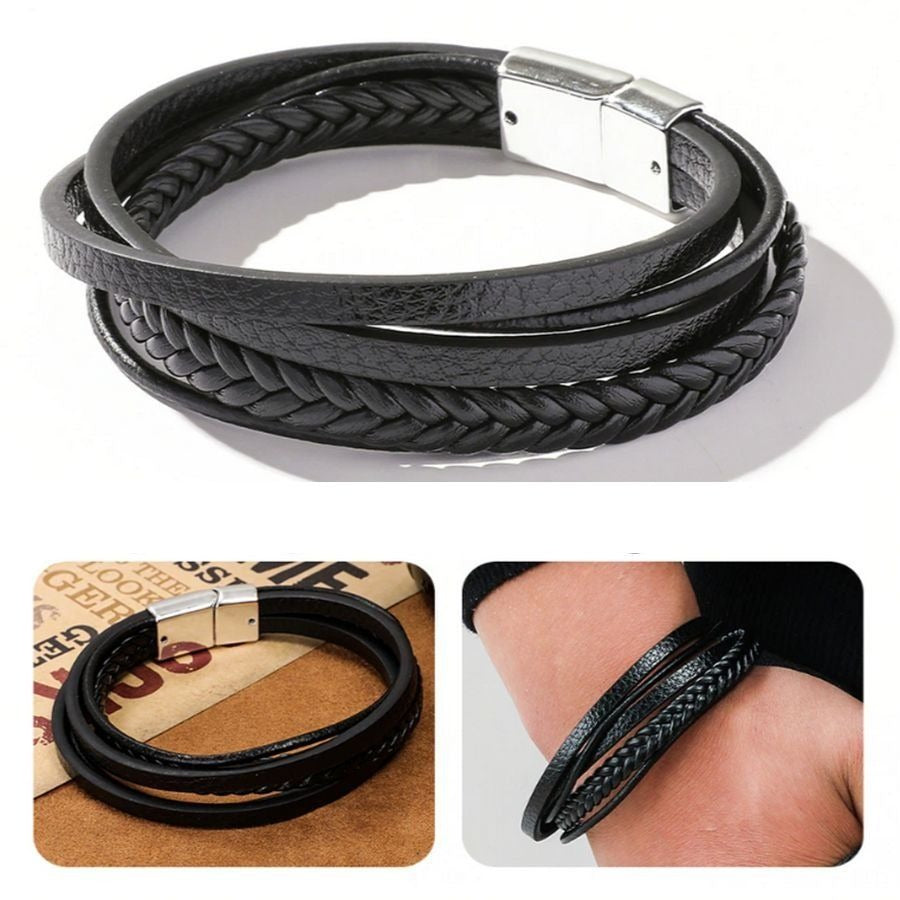 Vault Josef Mens Five Layer Silver Metal Clasp Leather Bracelet Black Gift Packaged
