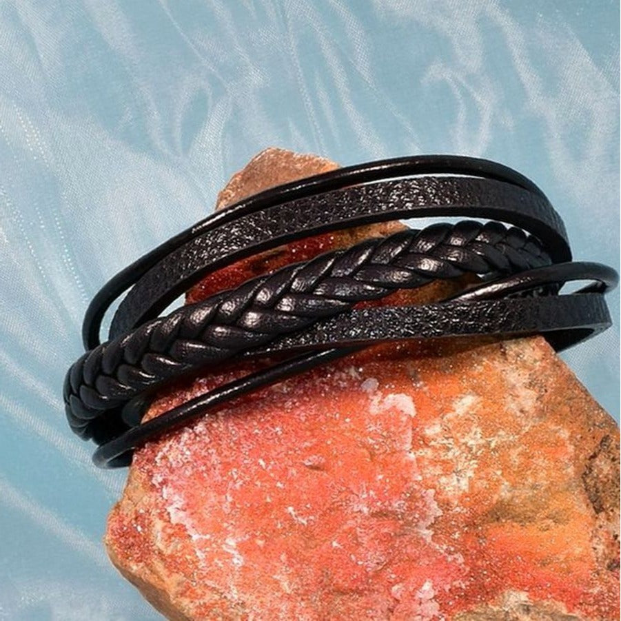 Vault Josef Mens Five Layer Silver Metal Clasp Leather Bracelet Black Gift Packaged