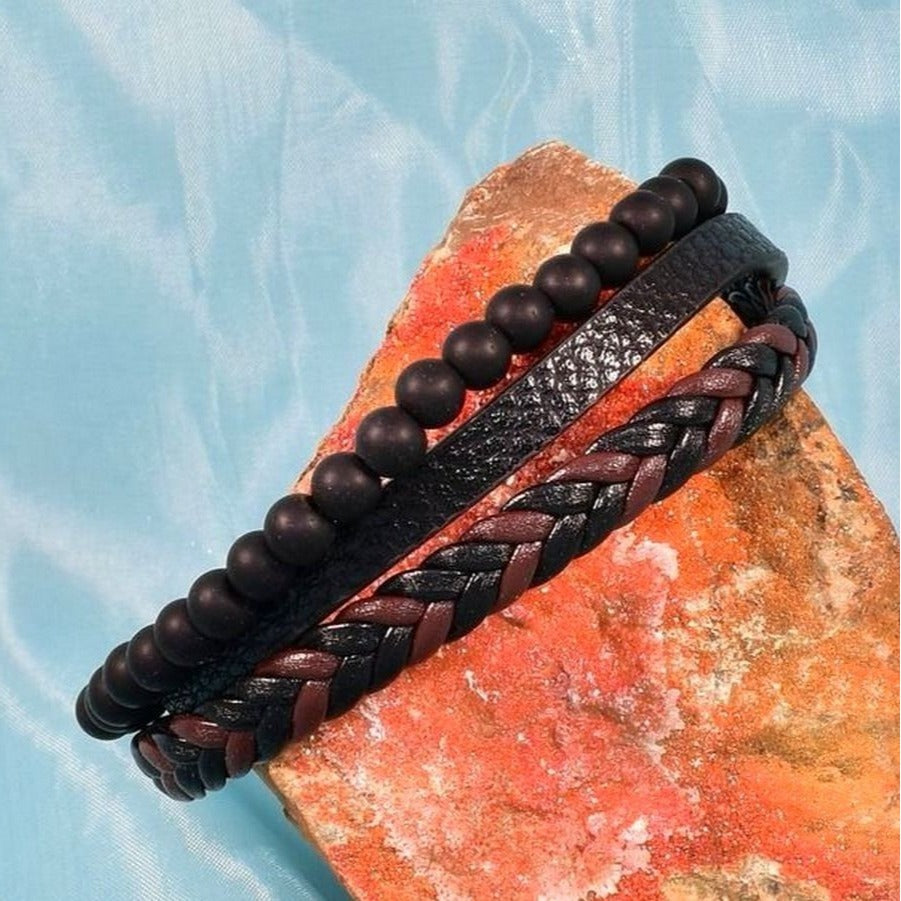 Vault Alijah Mens Braided Beaded Triple Layer Metal Clasp Leather Bracelet Gift Packaged