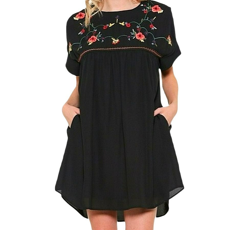 Esley Black Floral Embroidered Dress with Side Pockets Size Small