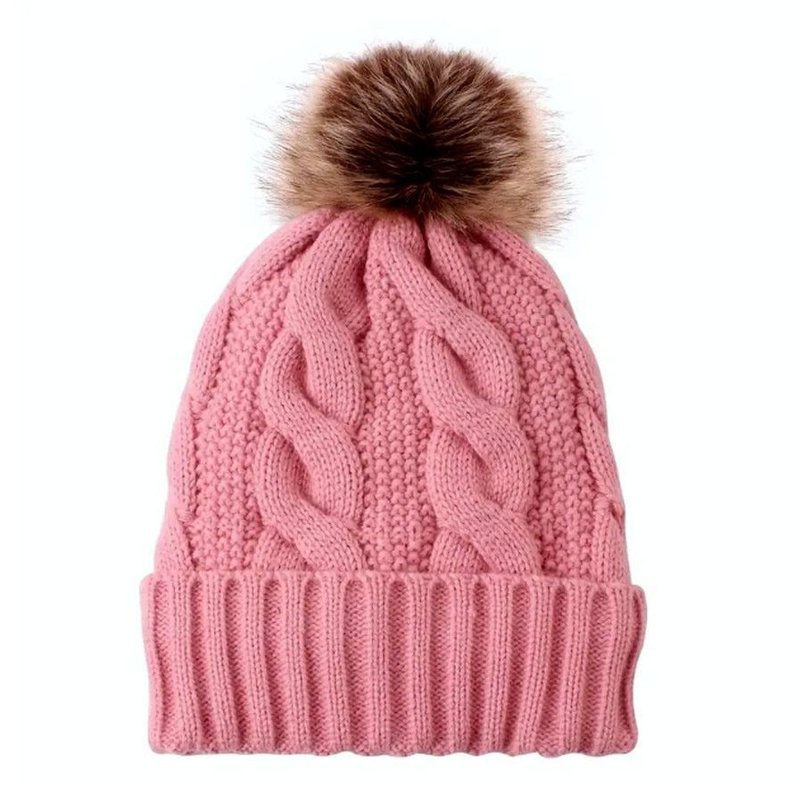 Haylee Glenn Pink Fleece Lined Cable Knit Faux Fur Pom Pom Beanie Hat