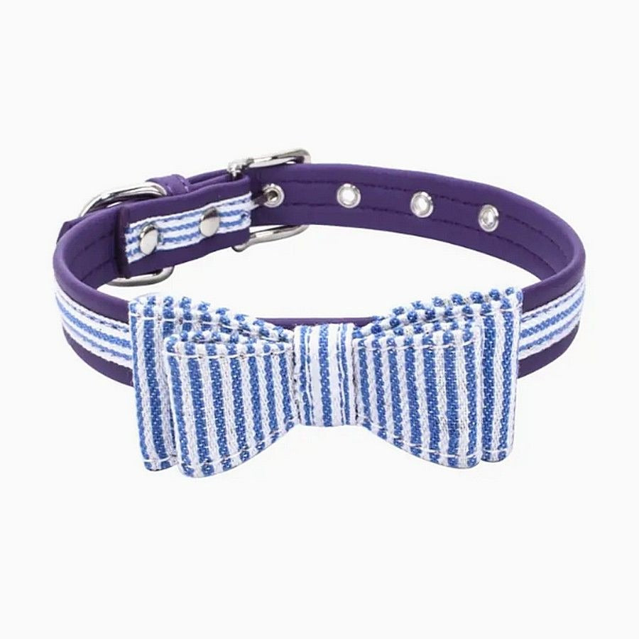 Zach Saylor Small Dog Blue Purple Oxford Stripe Bow Tie Pet Collar Gift Packaged