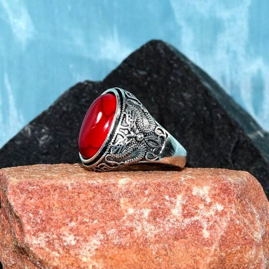 Knox Dragon Mens Size 9 Red Oval Turquoise Etched Silver Ring Gift Boxed