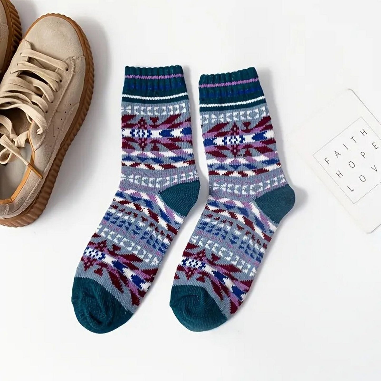 Kinley Adan Aztec Pattern Winter Socks for Women Teal Blue Gift Packaged