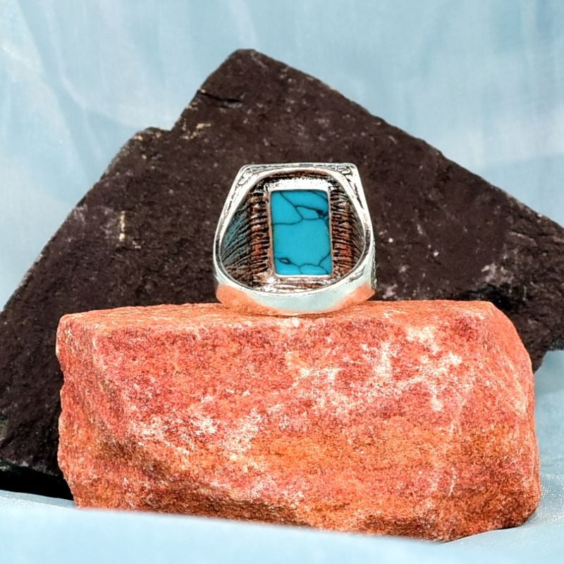 Senthe Stands Mens Size 12 Square Blue Turquoise Etched Silver Ring Gift Boxed