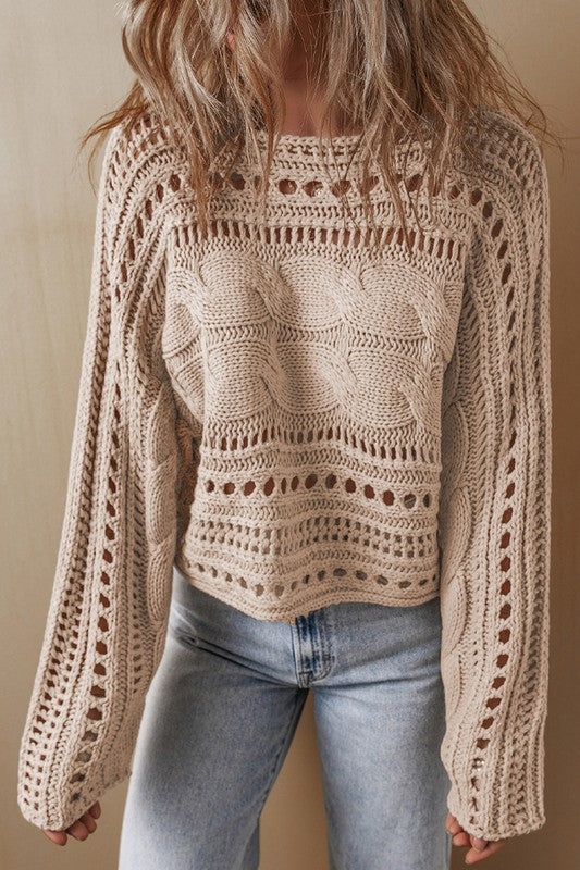 Smoke Gray Hollow-out Cable Knit Cropped Sweater