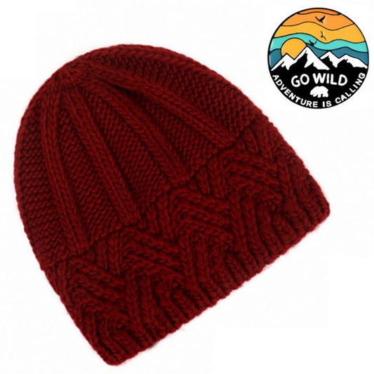 Whitney Wine Red Crochet Knit Beanie and Mountain Pin Set Gift Packaged