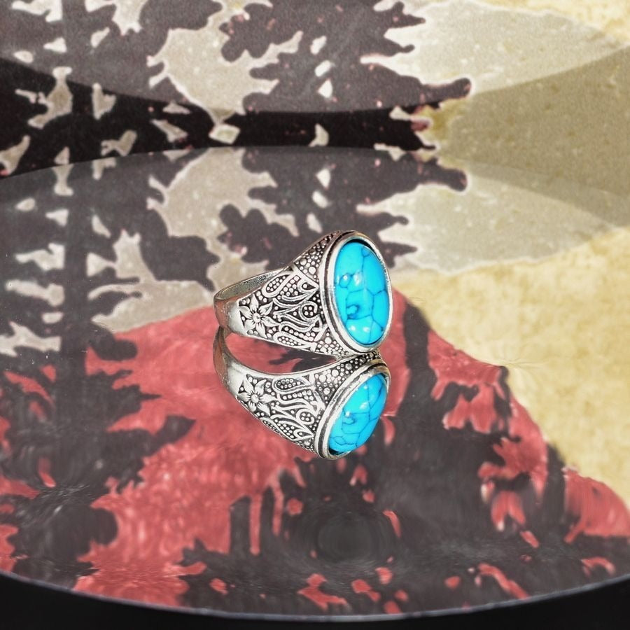 Seine Floral Mens Size 8.5 Oval Blue Turquoise Etched Silver Ring Gift Boxed