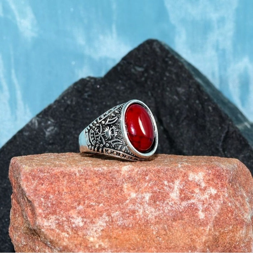 Declan Noble Mens Size 7.5 Oval Red Turquoise Etched Silver Ring Gift Boxed
