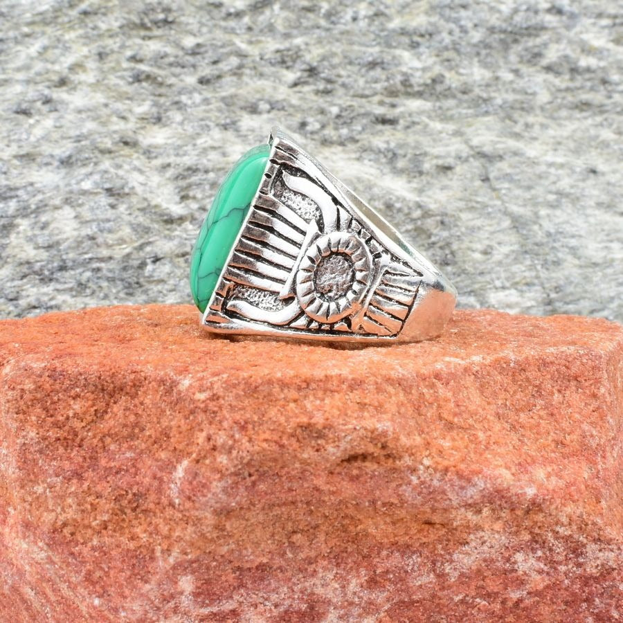 Ridge Weston Mens Size 9 Square Green Turquoise Etched Silver Ring Gift Boxed