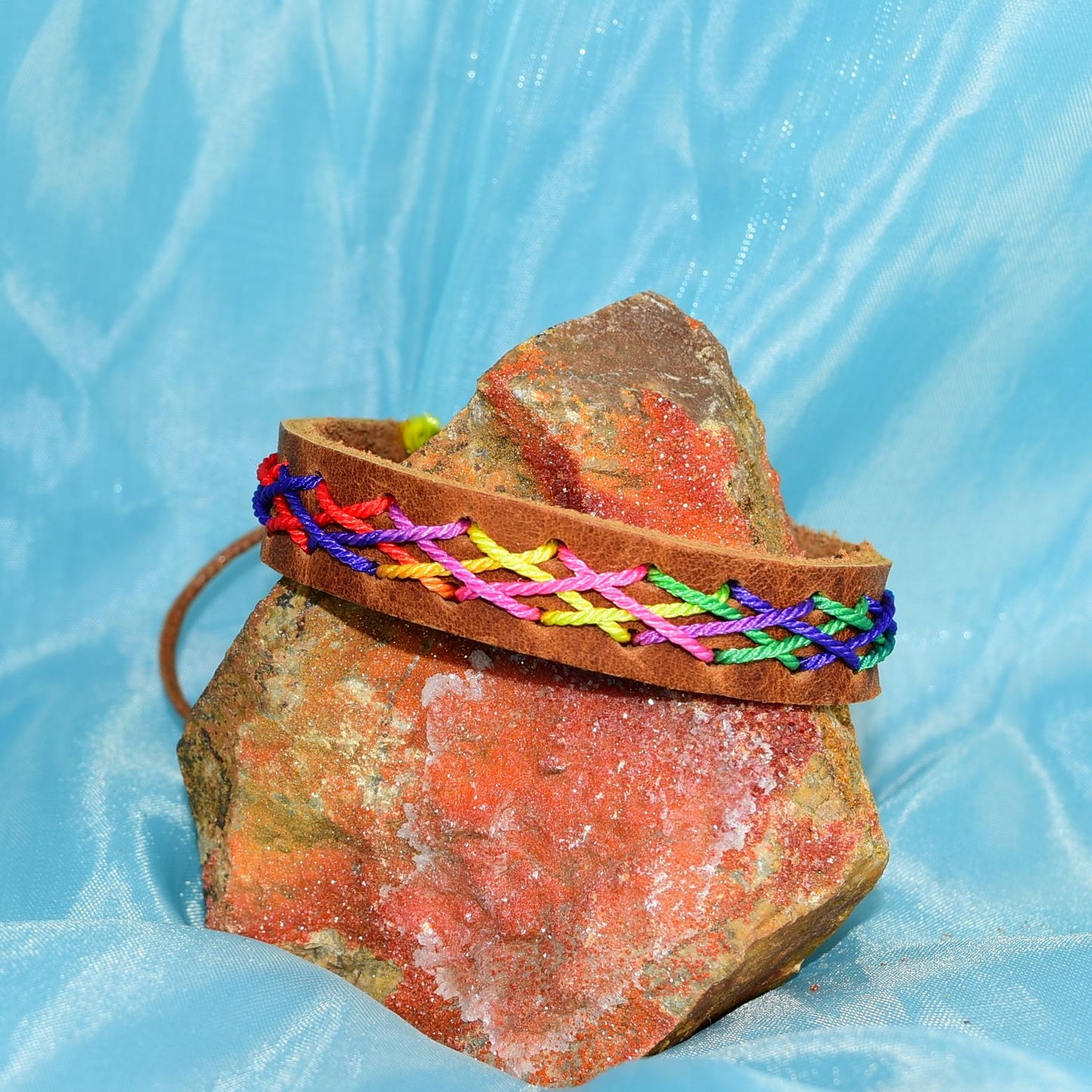 Caz Punch Cross Stitch Leather Bracelet Pink Blue Yellow Brown Gift Boxed