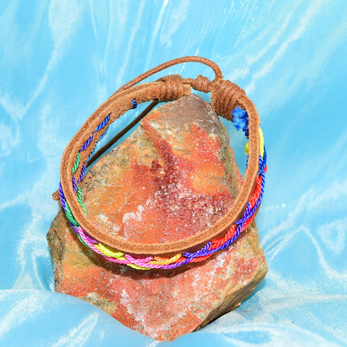 Caz Punch Cross Stitch Leather Bracelet Pink Blue Yellow Brown Gift Boxed
