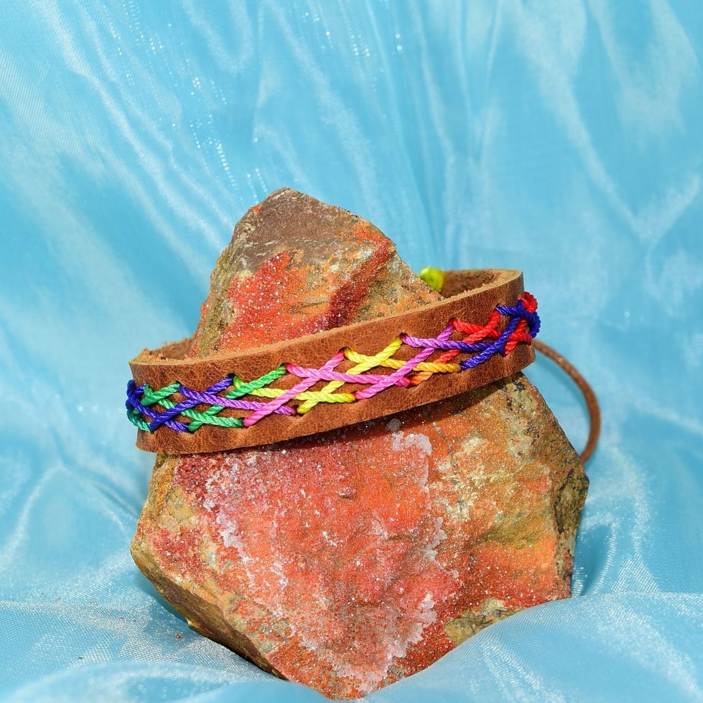 Caz Punch Cross Stitch Leather Bracelet Pink Blue Yellow Brown Gift Boxed