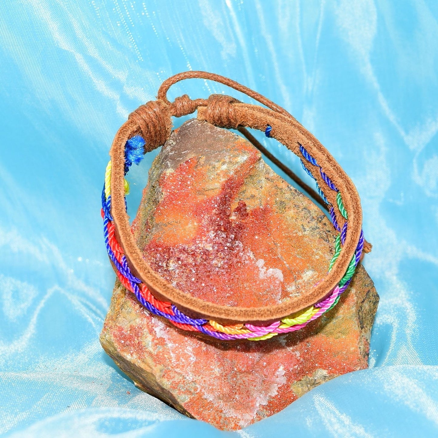 Caz Punch Cross Stitch Leather Bracelet Pink Blue Yellow Brown Gift Boxed