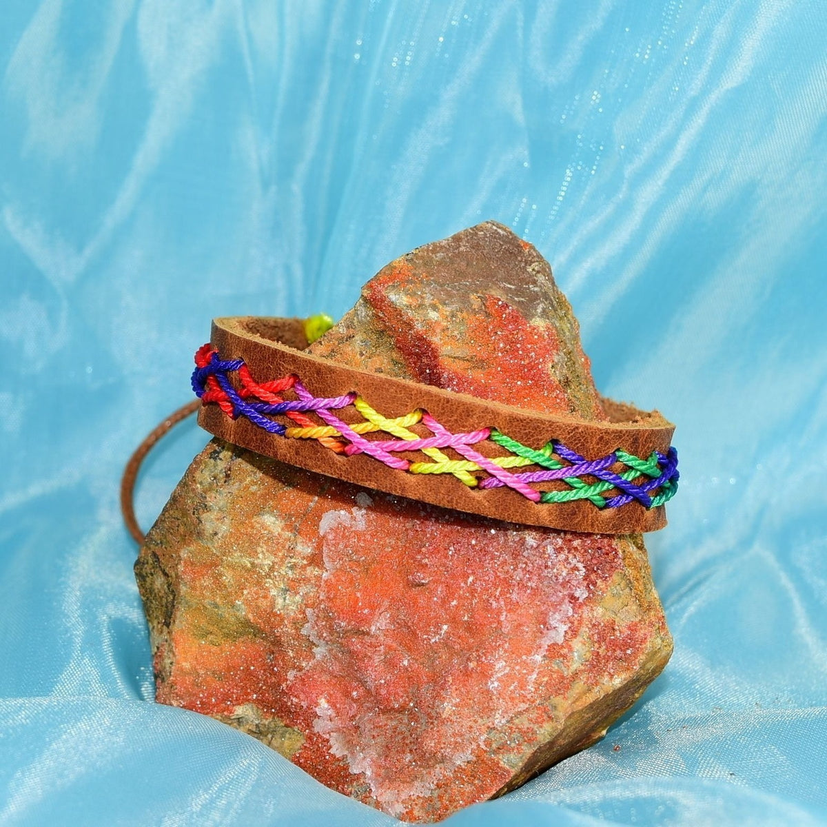 Caz Punch Cross Stitch Leather Bracelet Pink Blue Yellow Brown Gift Boxed