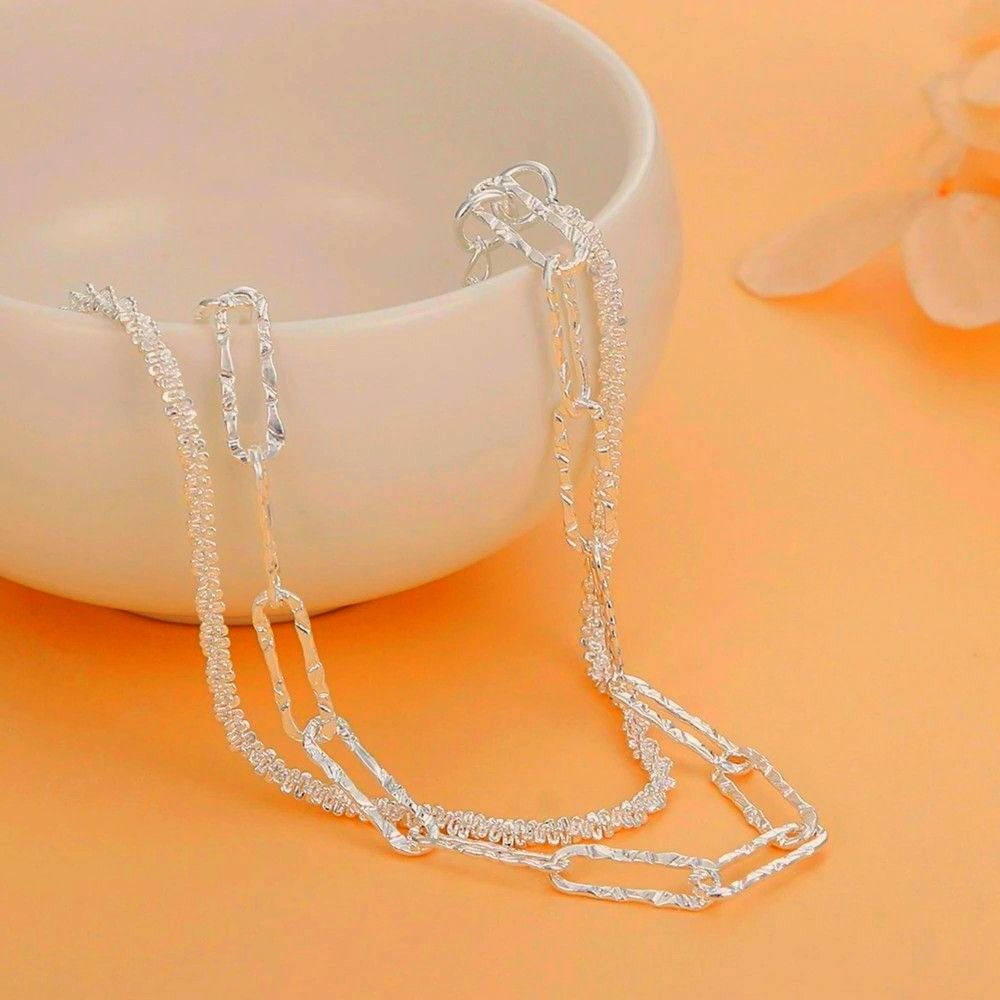 Francesca Link Shimmer Paperclip Duo Chain Sterling Silver Necklace Gift Packaged
