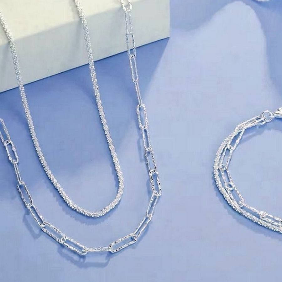 Francesca Link Shimmer Paperclip Duo Chain Sterling Silver Necklace Gift Packaged