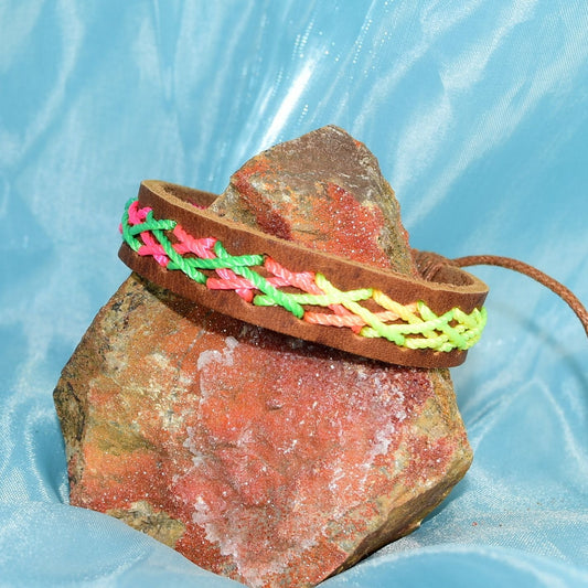 Caz Punch Cross Stitch Leather Bracelet Green Pink Yellow Gift Packaged