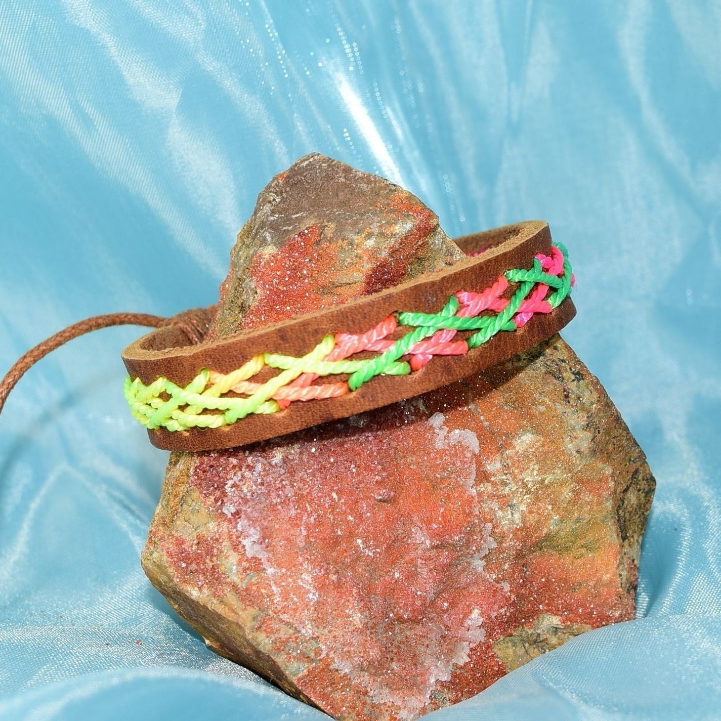 Caz Punch Cross Stitch Leather Bracelet Green Pink Yellow Gift Packaged