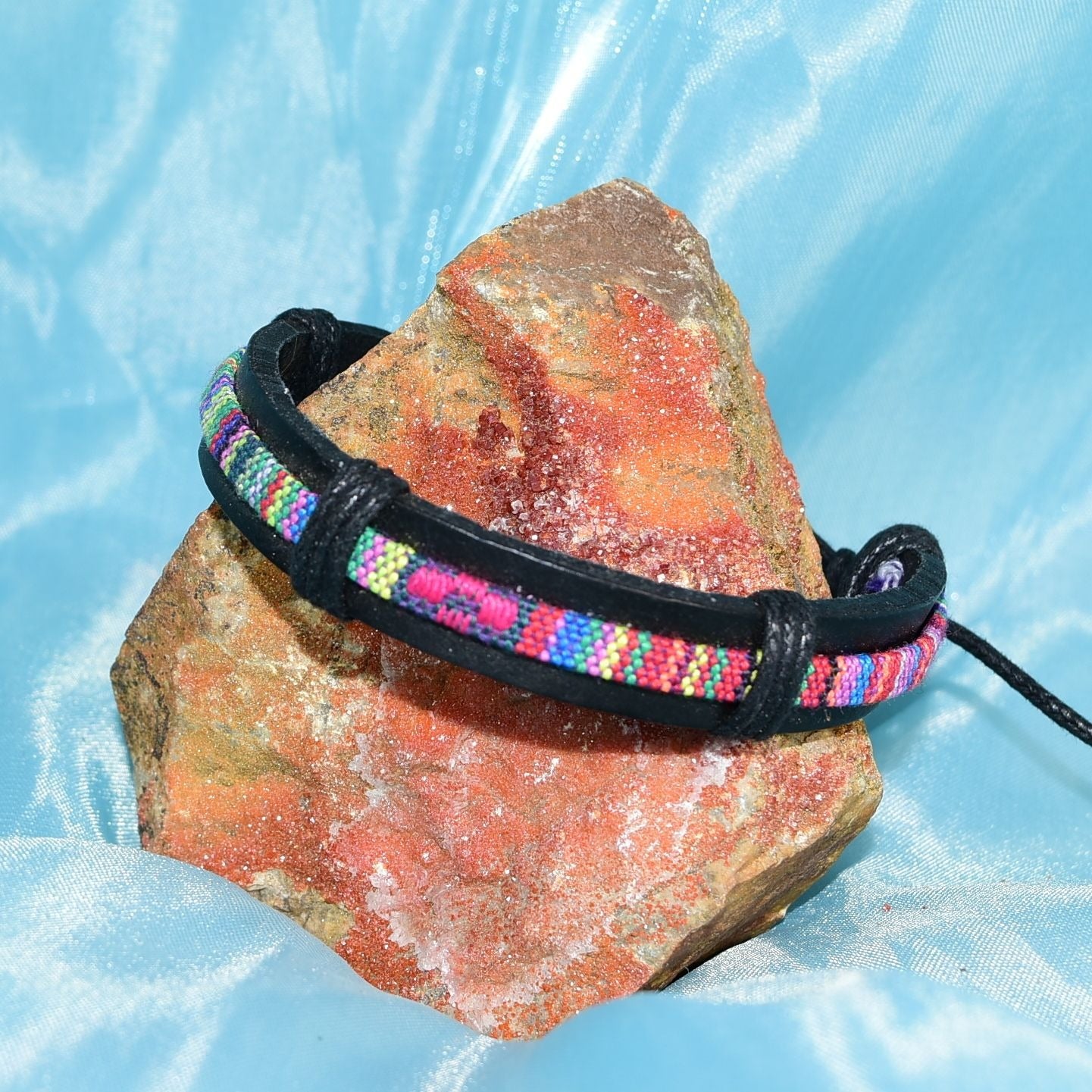Azzia Tapestry Bohemian Sliding Tie Leather Bracelet Black Pink Gift Packaged