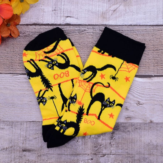 Happy Haunts Halloween Boo Socks Black Cats and Spiders Yellow Gift Packaged
