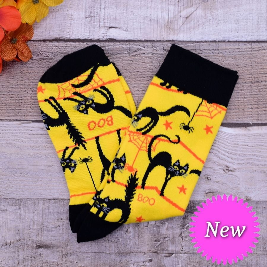 Happy Haunts Halloween Boo Socks Black Cats and Spiders Yellow Gift Packaged