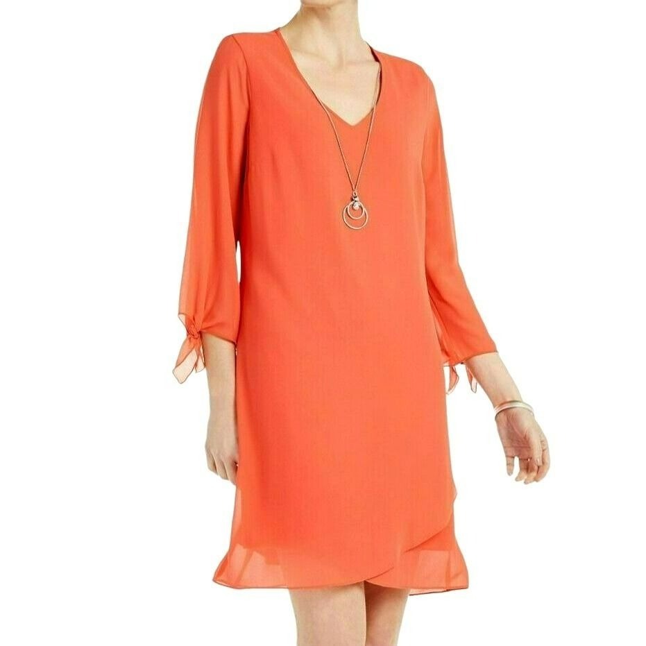 Tulip Hem Tie Sleeve Dress and Necklace Bundle Size Small Coral Orange