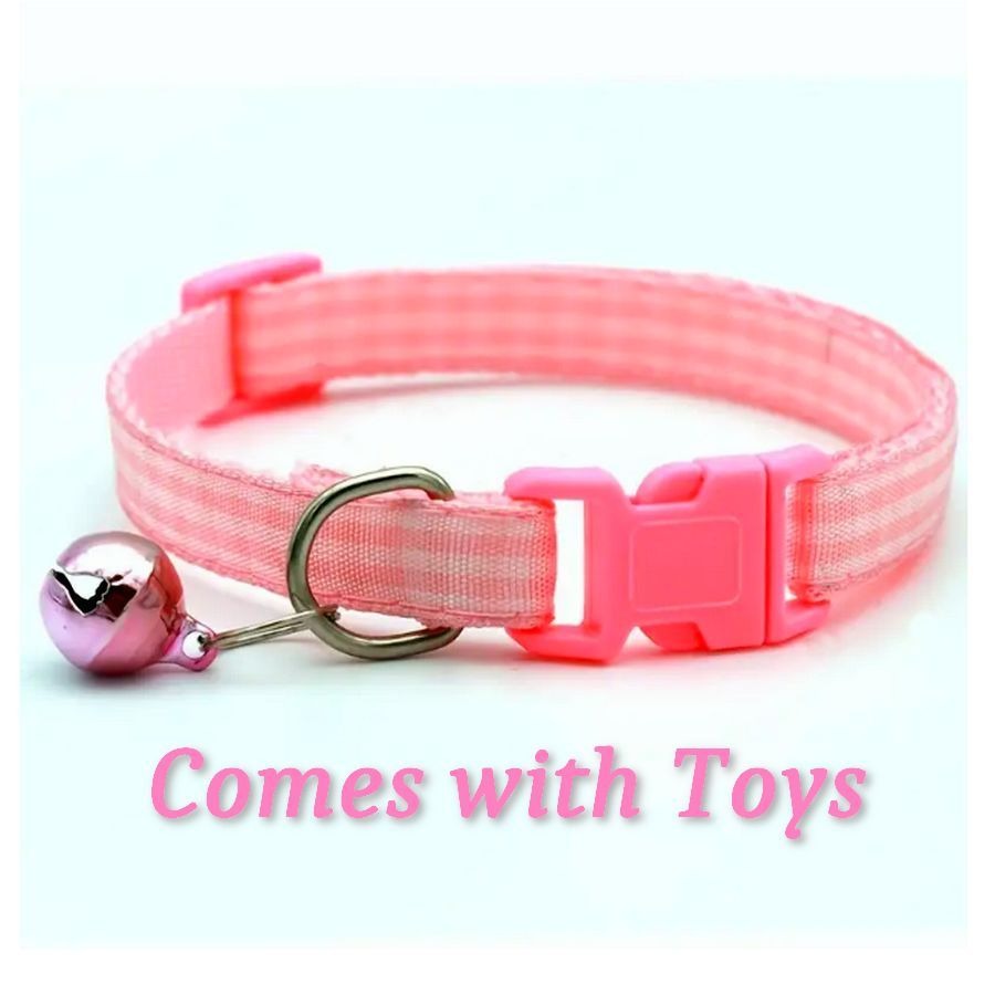 Jamie Jase Pink Gingham Plaid Bell Accented Cat Collar with Toys Gift Package