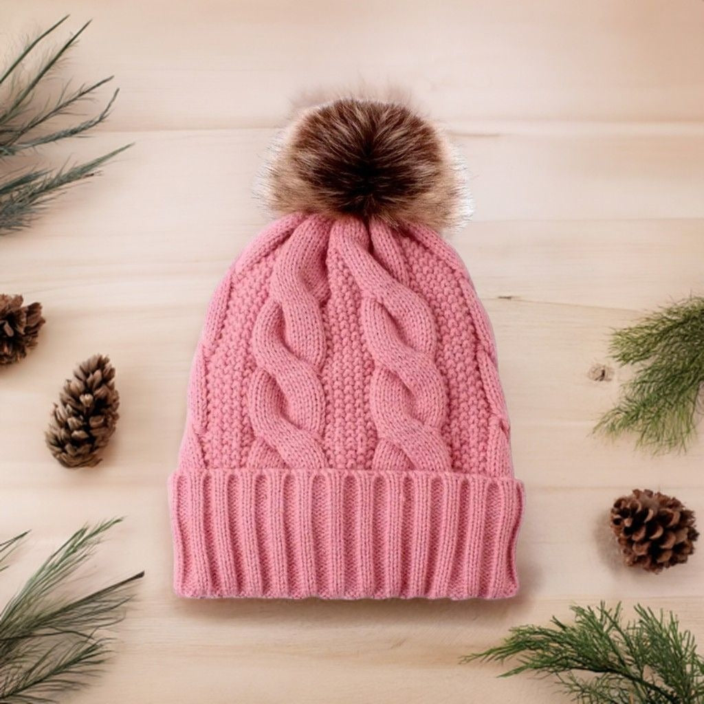 Haylee Glenn Pink Fleece Lined Cable Knit Fur Pom Pom Beanie Hat Gift Packaged