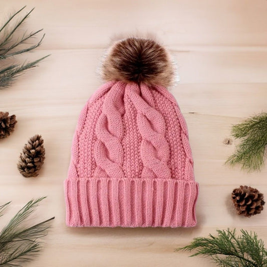 Haylee Glenn Pink Fleece Lined Cable Knit Fur Pom Pom Beanie Hat Gift Packaged