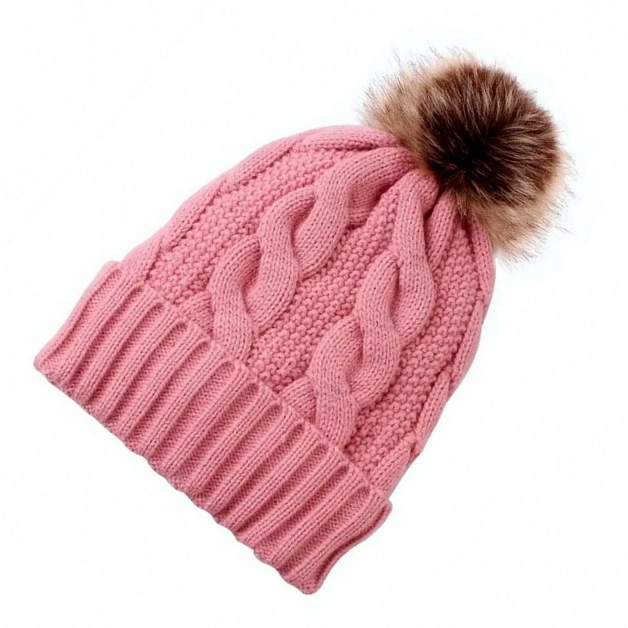 Haylee Glenn Pink Fleece Lined Cable Knit Fur Pom Pom Beanie Hat Gift Packaged
