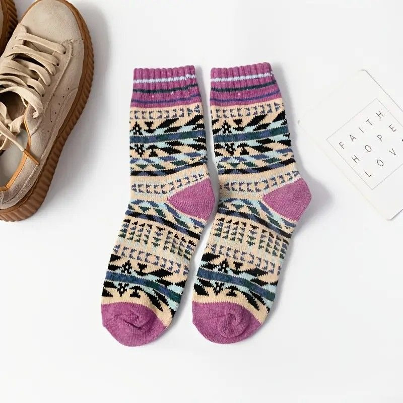 Kinley Adan Aztec Pattern Winter Socks for Women Beige Purple Gift Packaged