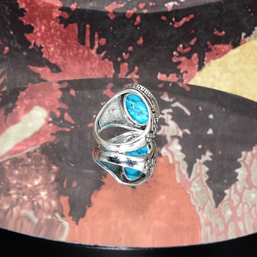 Gage Herald Wings Mens Size 9 Oval Blue Turquoise Etched Silver Ring Gift Boxed