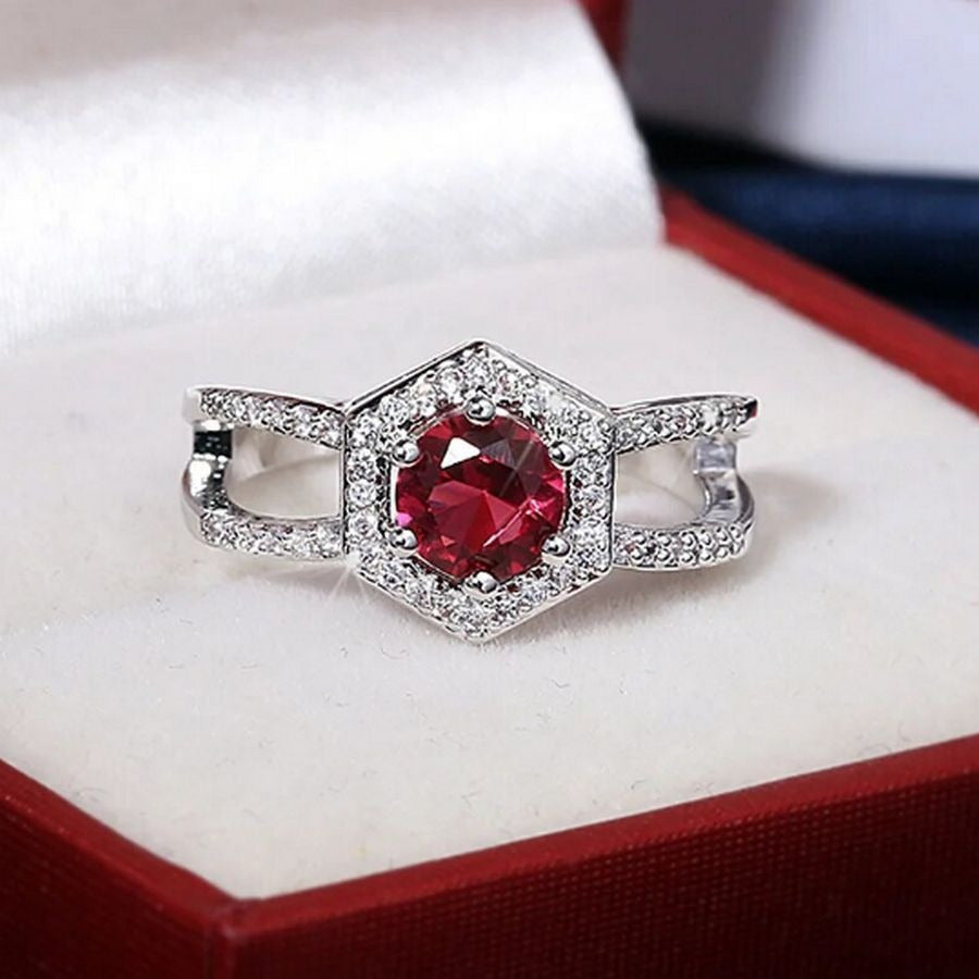 Kiara Grace Womens Size 6 Rosy Red Hexagon Framed Crystal Silver Ring Gift Boxed