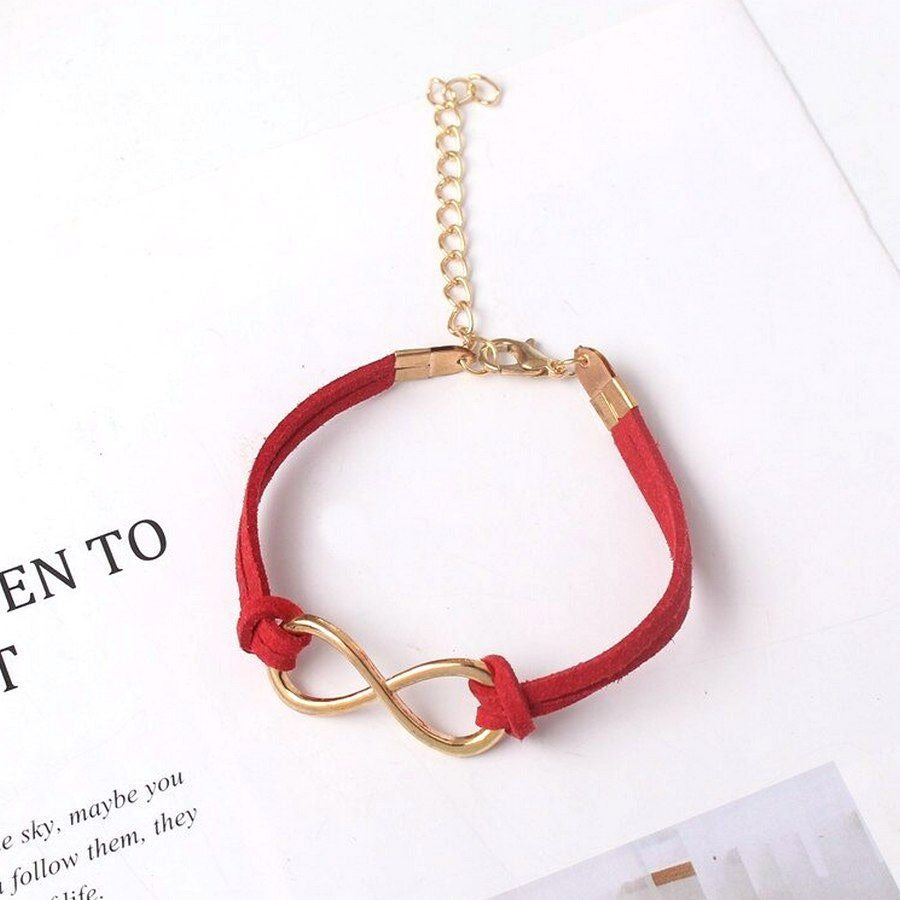 Leyanna Colors Soft Leather Retro Gold Infinity Bracelet Red Gift Packaged