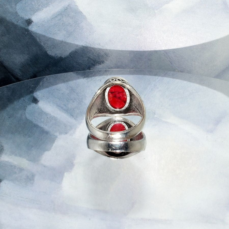 Victor Byway Mens Size 10 Oval Red Turquoise Etched Silver Ring Gift Boxed