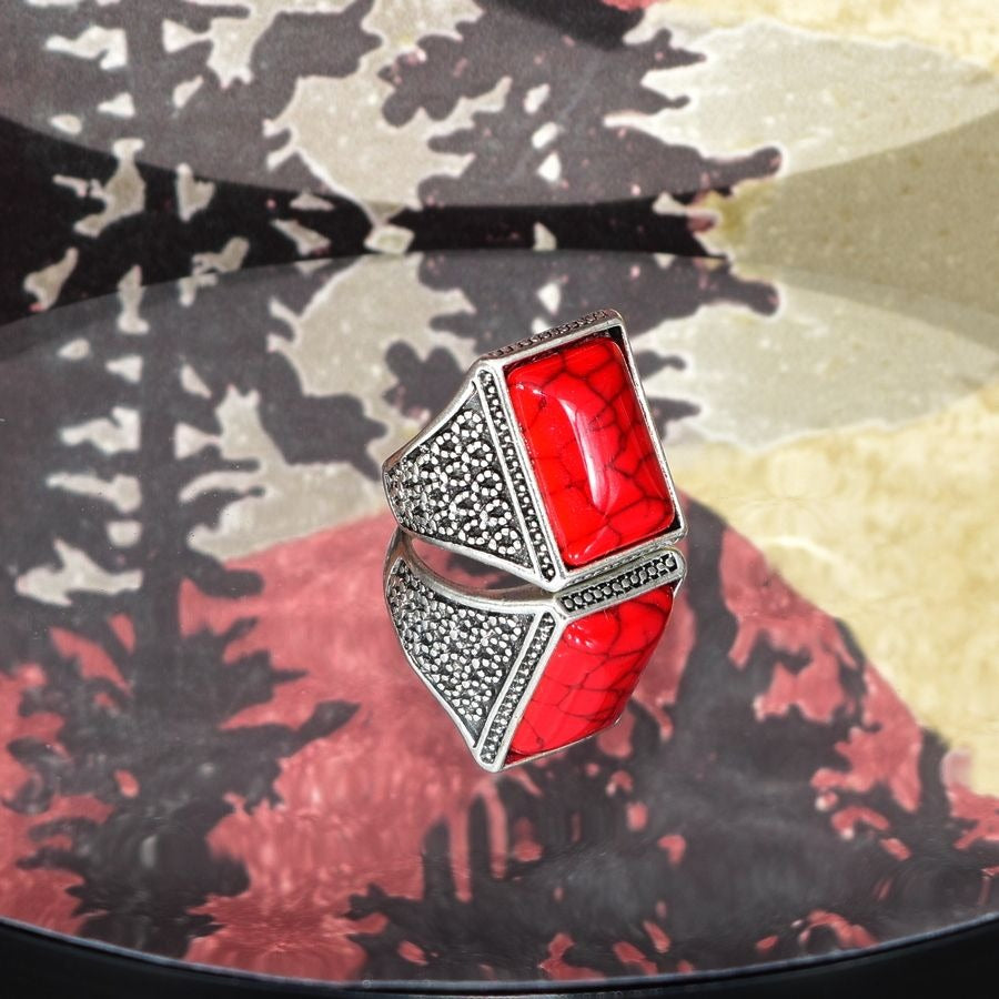 Cordage Scheme Mens Size 9 Red Turquoise Etched Silver Ring Gift Boxed