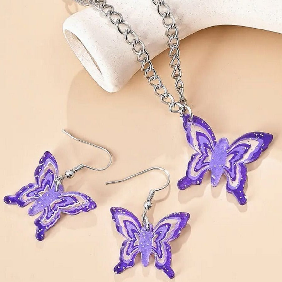 Briella Jesse Colorful Purple Butterfly Necklace and Earrings Set Gift Packaged