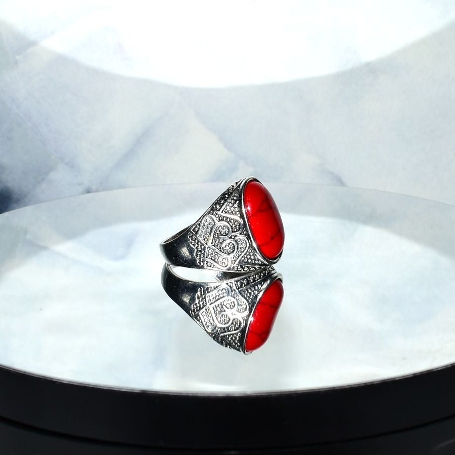 Amore Abound Mens Size 11 Oval Red Turquoise Etched Silver Ring Gift Boxed