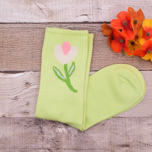 Minimal Garden Womens Flower Socks Pink on Green Gift Packaged