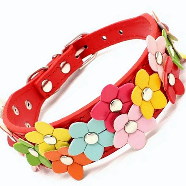 Della Terese Colorful Flowers on Rosy Red Dog Collar Size Small