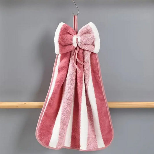 Shiloh Striped Pink Bow Topper Hanging Microfiber Fingertip Towel Gift Packaged