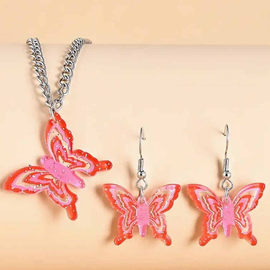 Lindy Jessa Colorful Red Butterfly Necklace Earrings Set Gift Packaged