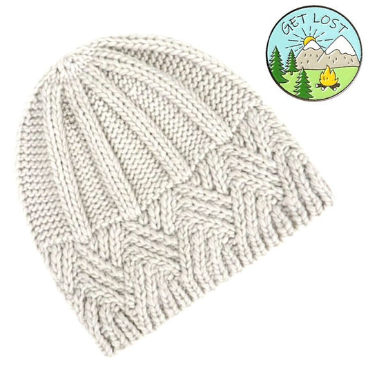 Whitney White Crochet Knit Beanie and Mountain Pin Set Gift Packaged