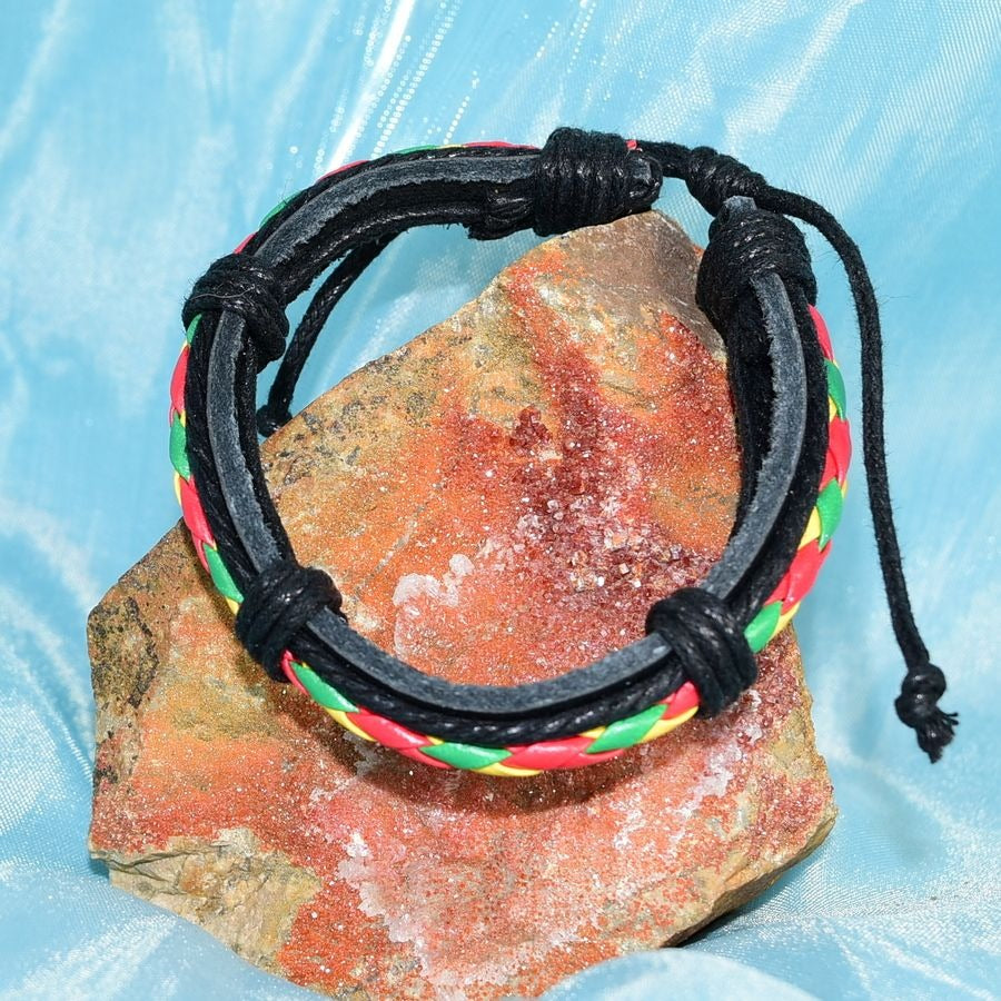 Michael Diego Braid Layered Leather Bracelet Black Green Yellow Mens Gift Packaged