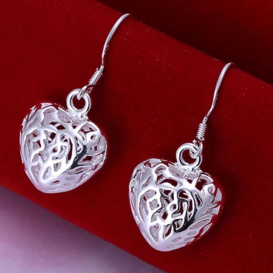 Paulina Filigree Large Full Heart Dangle 925 Sterling Silver Earrings Gift Boxed