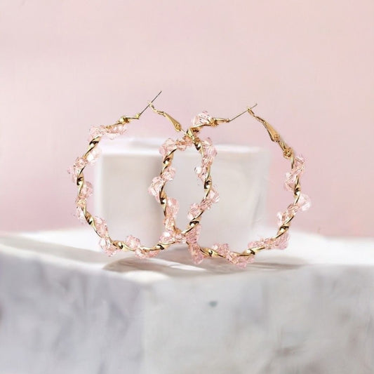 Anastasia Sweet Gold Twist Beaded Hoop Earrings Soft Pink Gift Packaged